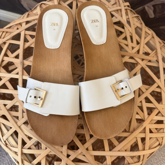 ZARA white buckled Leather Open Toe Wood Sandals Slippers clogs slip on US 7.5 - Picture 3 of 5